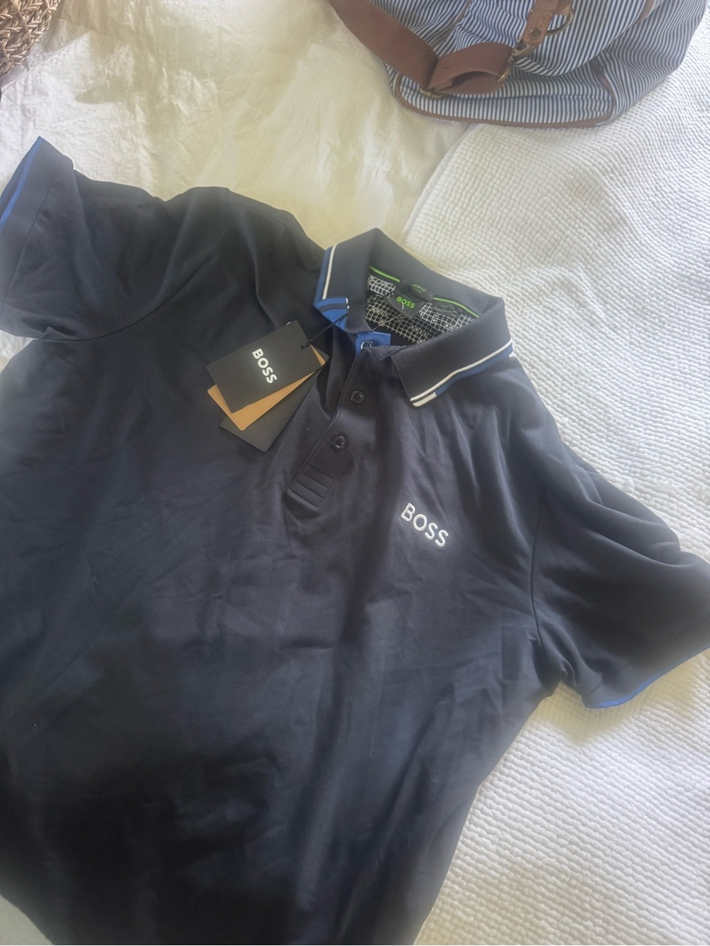 BOSS Men's Black Polo with White Contrast Trim